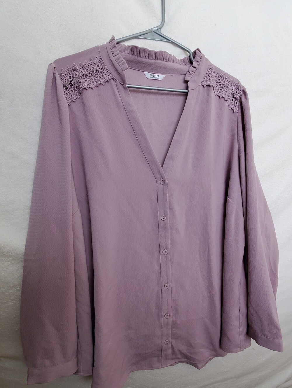 Penn by Penningtons Lavender Lace-Trim V-Neck Button Front Blouse